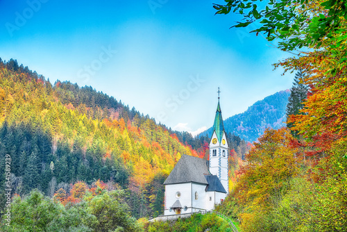 Picturesque view on Church of St. Mary of the Snows in the Kamnik Alps at Solcava.