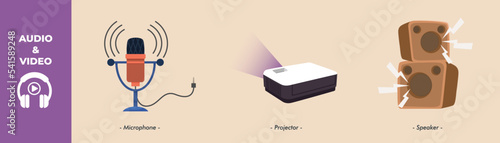 Microphone, Projector and Speakers icon. Audio and Video set concept. Colored flat graphic vector illustration isolated.