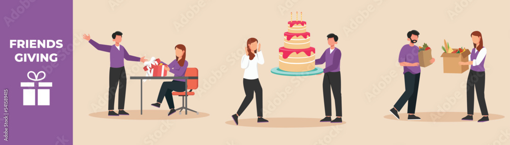 Happy man giving box package, cakes and vegetable to his wife. Friends giving set concept. Flat vector illustrations isolated. Happy man giving box package, cakes and vegetable to his wife. Friends giving set concept. Flat vector illustrations isolated.