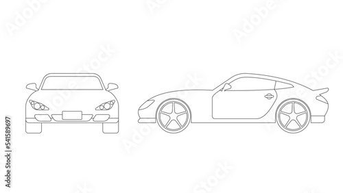 Sports car line drawing illustration. Front view and side view.