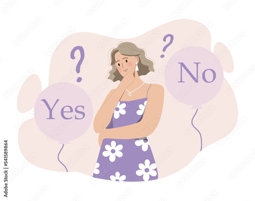 Yes or No. Woman evaluates options and makes decision. Metaphor of logical thinking and uncertainty. Poster or banner for website. Young girl chooses lifepath. Cartoon flat vector illustration Yes or No. Woman evaluates options and makes decision. Metaphor of logical thinking and uncertainty. Poster or banner for website. Young girl chooses lifepath. Cartoon flat vector illustration