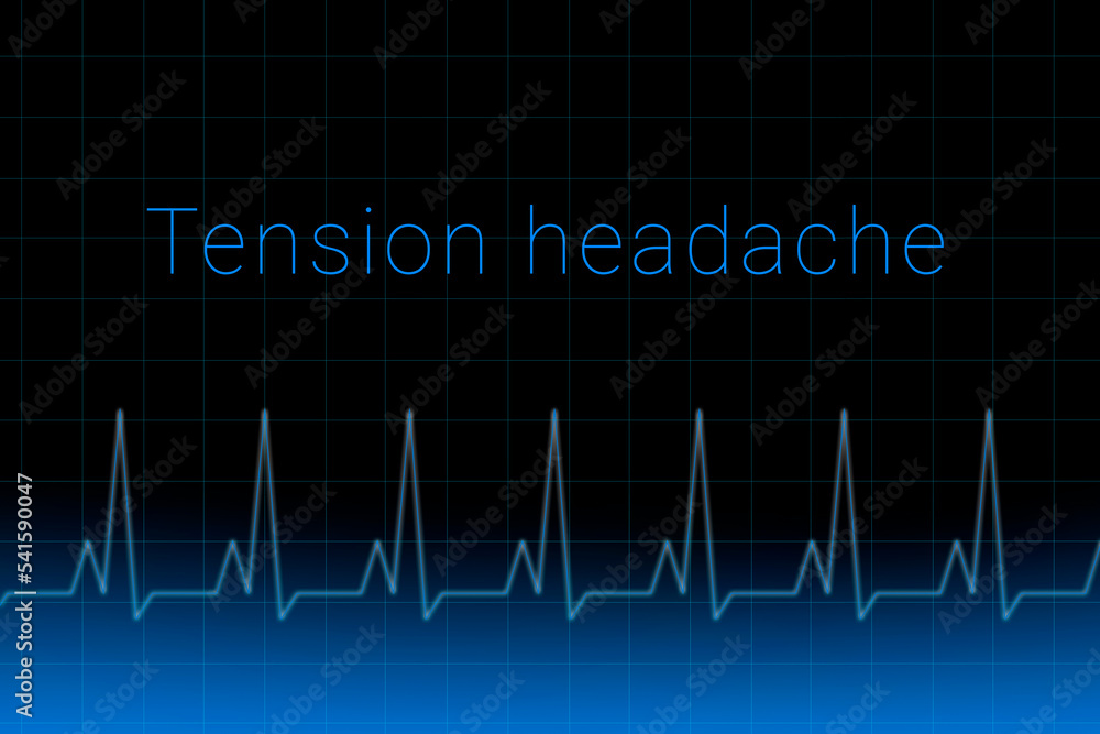 Tension headache disease. Tension headache logo on a dark background. Heartbeat line as a symbol of human disease. Concept Medication for disease Tension headache.