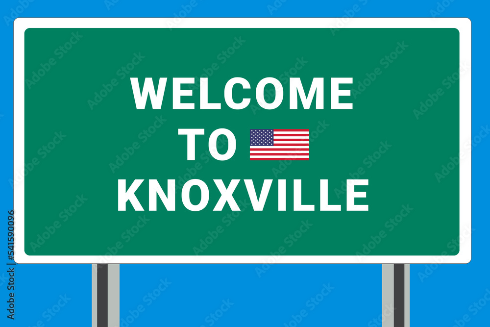 City of Knoxville. Welcome to Knoxville. Greetings upon entering American city. Illustration from Knoxville logo. Green road sign with USA flag. Tourism sign for motorists