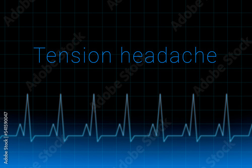 Tension headache disease. Tension headache logo on a dark background. Heartbeat line as a symbol of human disease. Concept Medication for disease Tension headache.