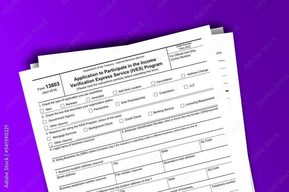Form 13803 documentation published IRS USA 43411. American tax document on colored Form 13803 documentation published IRS USA 43411. American tax document on colored