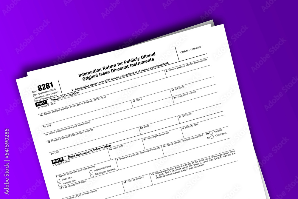 Form 8281 documentation published IRS USA 09.26.2014. American tax document on colored Form 8281 documentation published IRS USA 09.26.2014. American tax document on colored