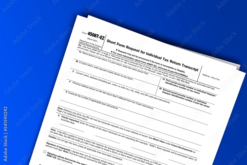Form 4506T-EZ documentation published IRS USA 44533. American tax document on colored Form 4506T-EZ documentation published IRS USA 44533. American tax document on colored