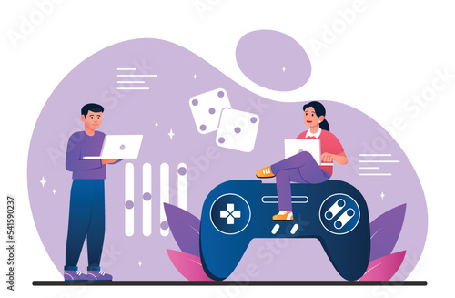 Video game development. Man and woman with laptops near joystick or controller. Programmers and IT specialists write code. Modern technologies and entertainment. Cartoon flat vector illustration