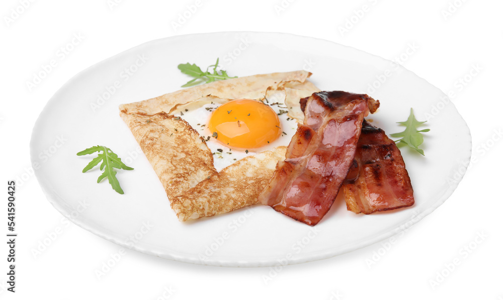 Delicious crepe with egg isolated on white. Breton galette Delicious crepe with egg isolated on white. Breton galette
