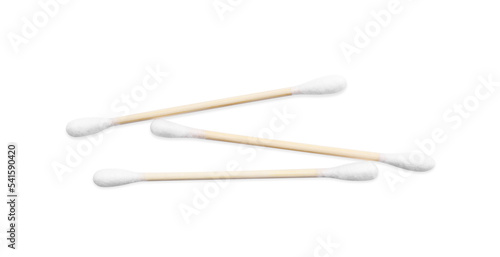 Wooden cotton buds on white background, top view