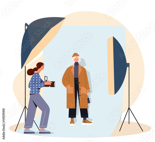 Concept of photosession. Woman with camera takes photos of model for fashion magazines. Aesthetics and elegance, trend and style. Poster or banner for website. Cartoon flat vector illustration