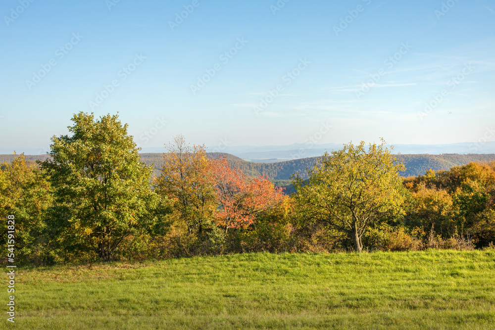 Fototapeta premium Hilly rural landscape in autumn season.