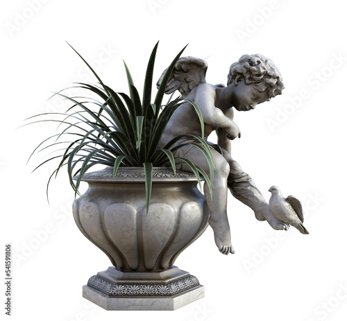Fotobehang Old cherub statue with plant isolated on a transparent background, 3d render