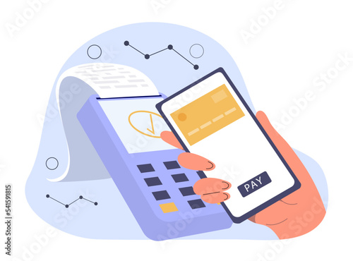 Contactless payment concept. Character bring smartphone to terminal. Modern technologies and digital world. Electronic wallet and online transactions and transfers. Cartoon flat vector illustration