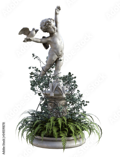 Fotografia Old cherub statue with plant isolated on a transparent background, 3d render