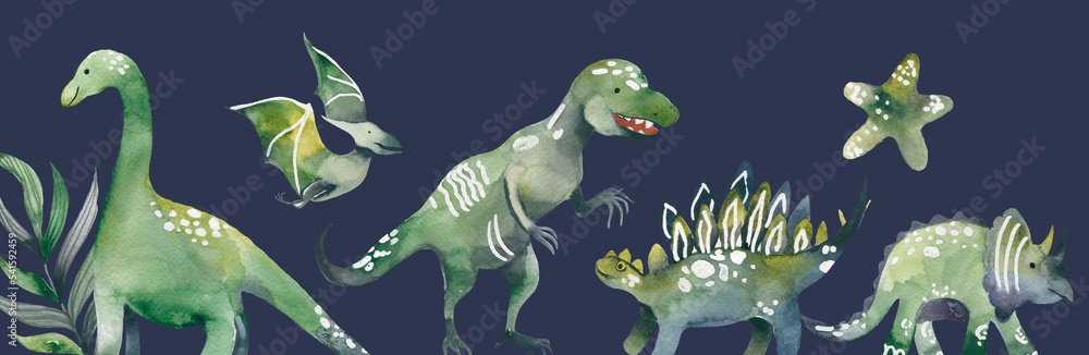 Obraz premium Many dinosaur on wooden board. Watercolor Jurassic border with dino. Dino Park Poster. 