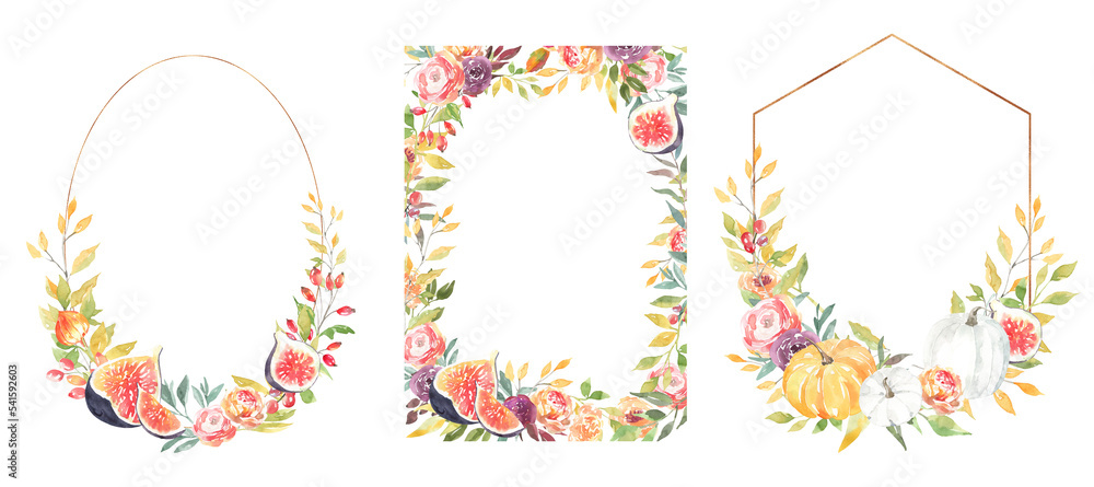 Watercolor pumpkin autumn frame, border, wreath, banner, bouquet, gold,bronze frame, polygonal geometry arrangement. Fall wedding stationery, invitation card, suite, rsvp ,greeting card diy set