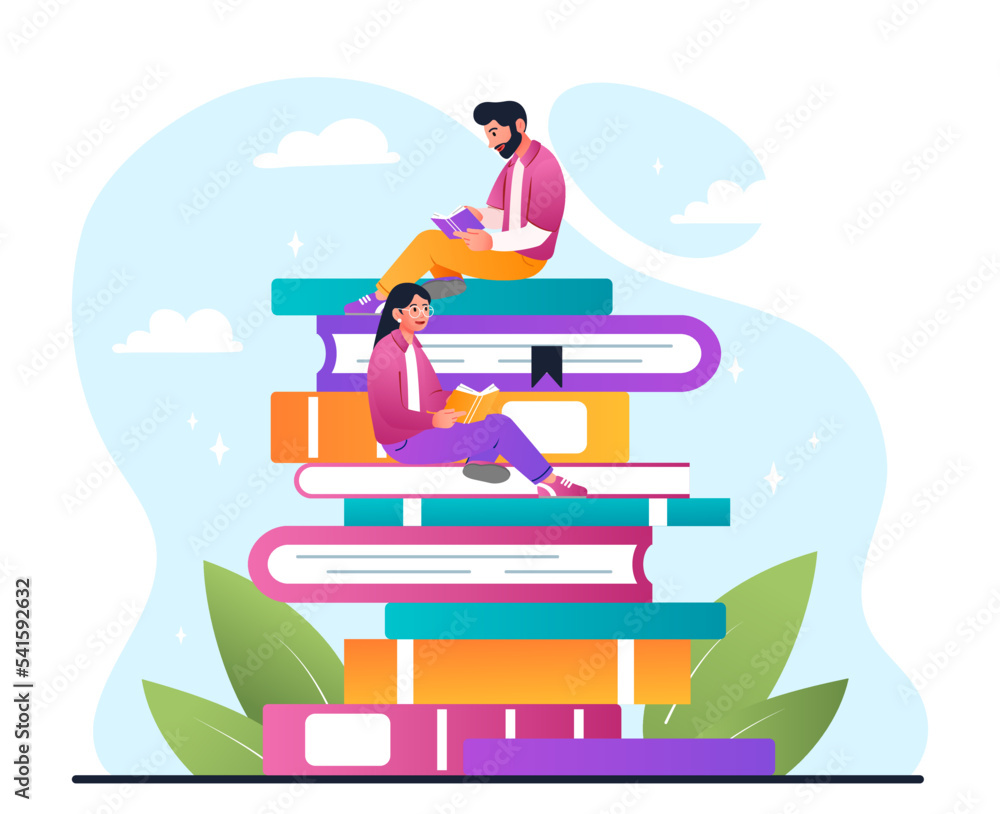 Huge stack of books. Love for literature, education and training, selfdevelopment. Design for greeting postcard for September 1, international day of knowledge. Cartoon flat vector illustration Huge stack of books. Love for literature, education and training, selfdevelopment. Design for greeting postcard for September 1, international day of knowledge. Cartoon flat vector illustration