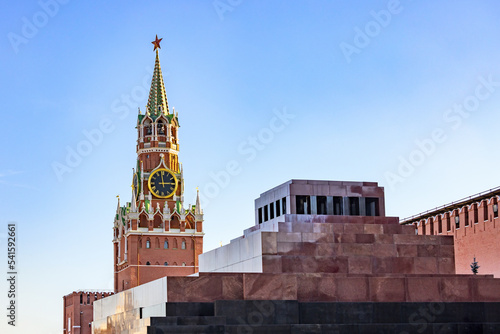 Spasskaya Clock Tower and Lenin Mausoleum, Kremlin, Red Square, Moscow, Russia	 photo
