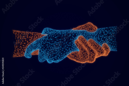 Low poly of Business handshake with of points, and lines, effect particles wire-frame glowing on dark background. Partnership and business trust concept.