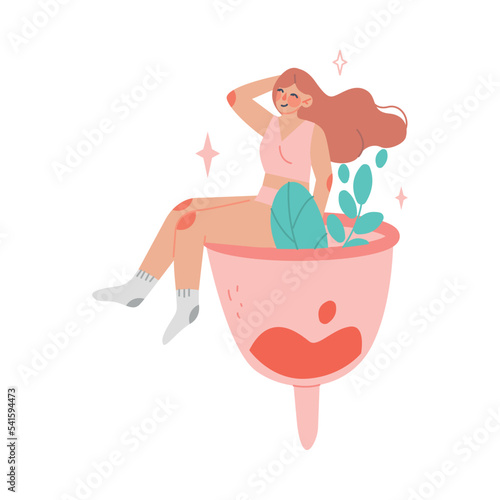 Period or Menstruation with Female in Underwear Sitting in Menstrual Cup Vector Illustration