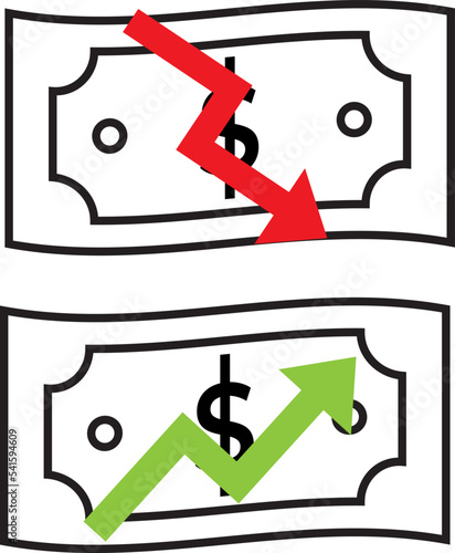 banknotes with down and up arrow symbols, for recession concept