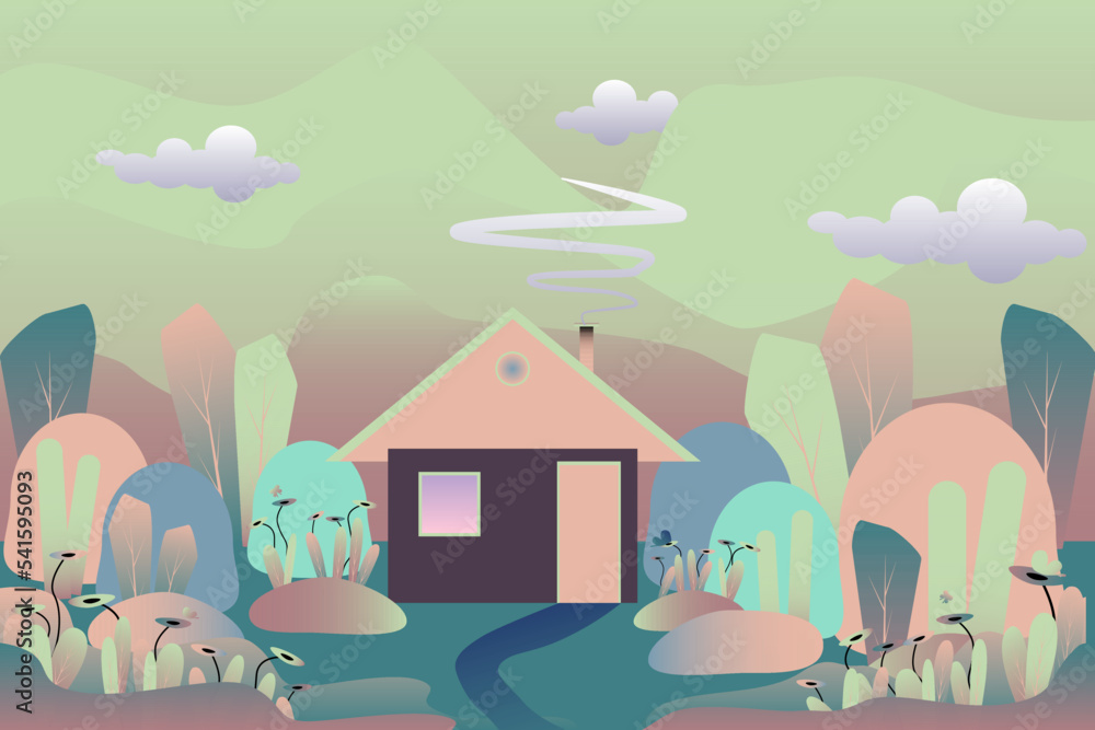Beautiful country house with abstract garden and forest. Rural colorful landscape. Design for the development of web design, graphics of the natural landscape. Cartoon vector illustrations.