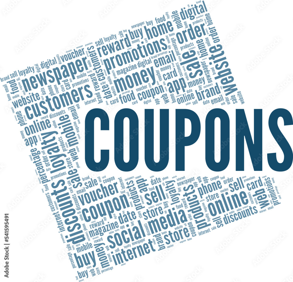 Coupons word cloud conceptual design isolated on white background.