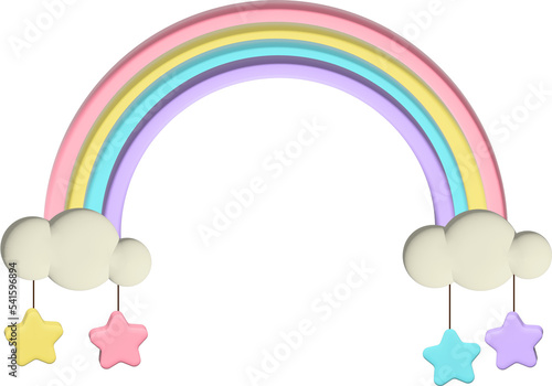 3D illustration render multicolor rainbow in gray clouds with stars on transparent background