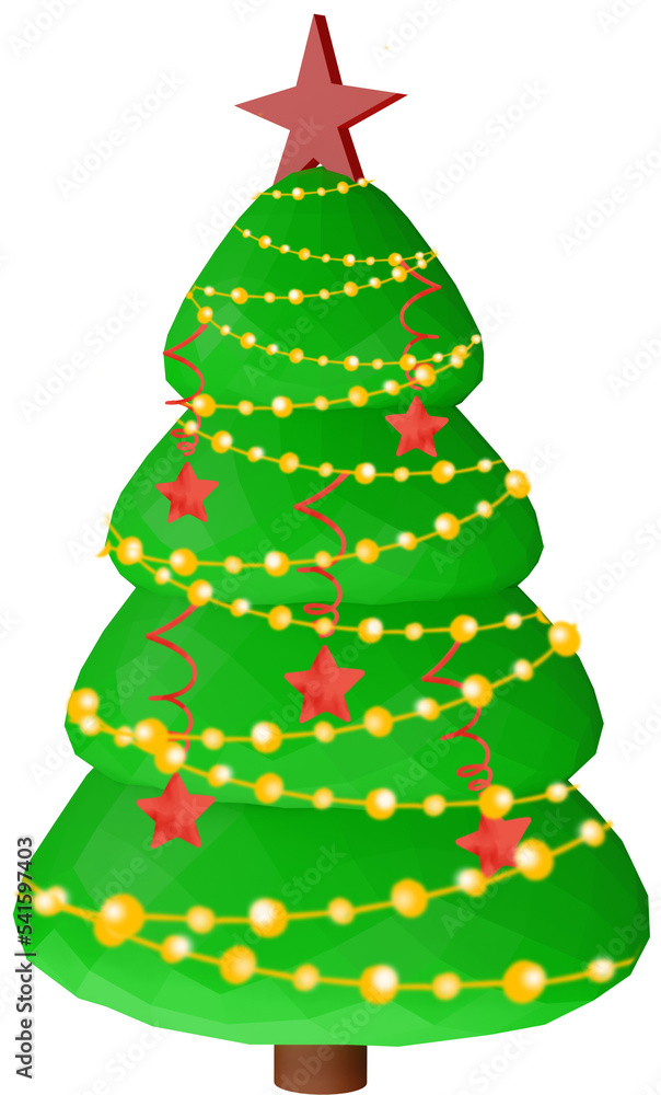 3D illustration of a Christmas green tree and for the New Year with colourful decorations and toys on a transparent background