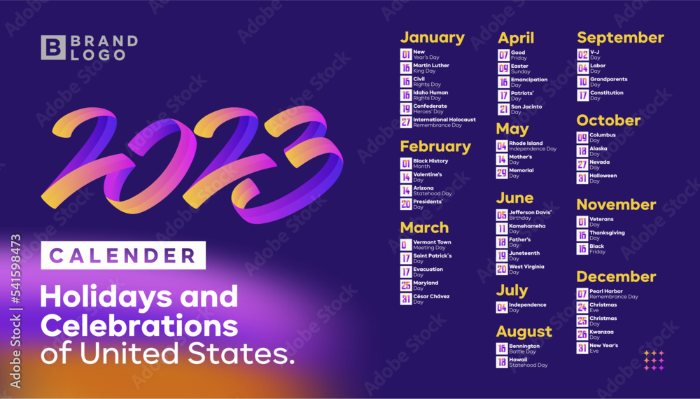 2023 united states calendar of holidays and celebrations Stock ベクター