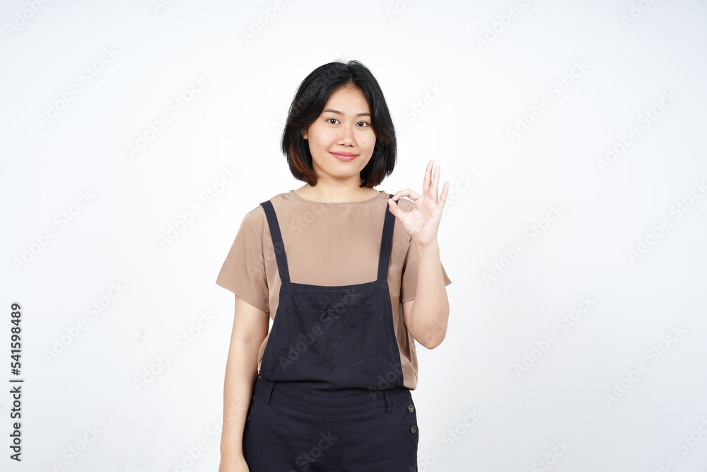 Showing OK Sign of Beautiful Asian Woman Isolated On White Background Showing OK Sign of Beautiful Asian Woman Isolated On White Background
