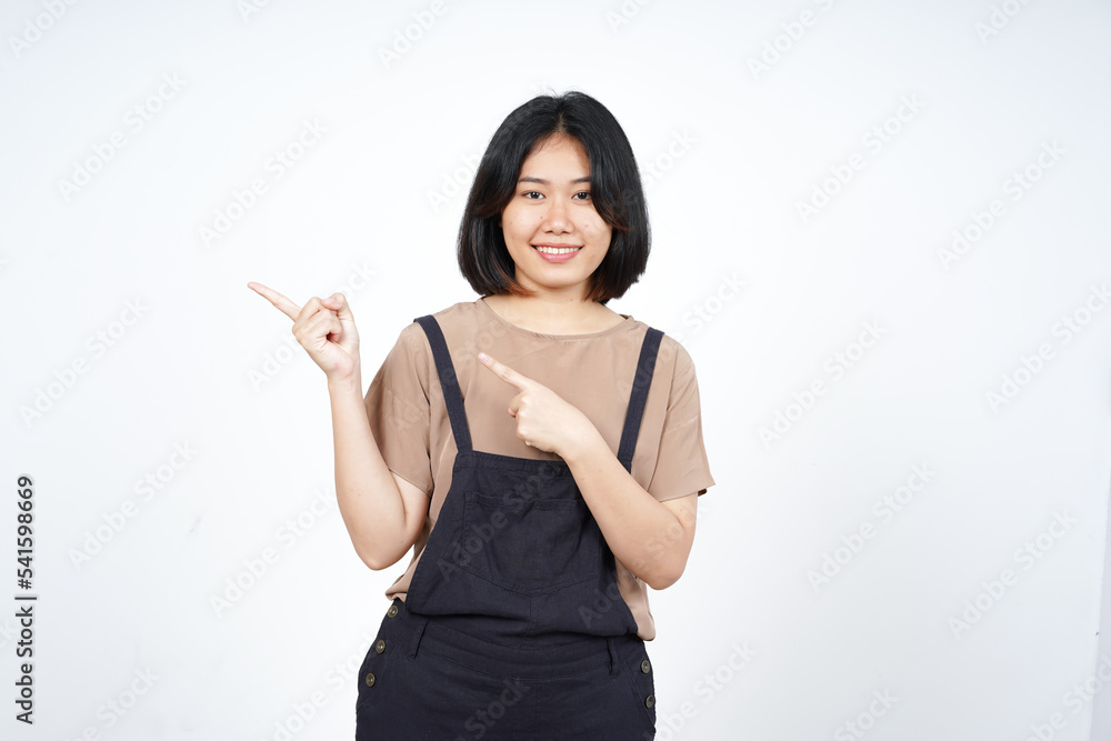 Showing Product and Pointing Side of Beautiful Asian Woman Isolated On White Background Showing Product and Pointing Side of Beautiful Asian Woman Isolated On White Background