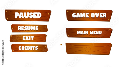 cartoon vector wood boards buttons for game interfaces and pause menu