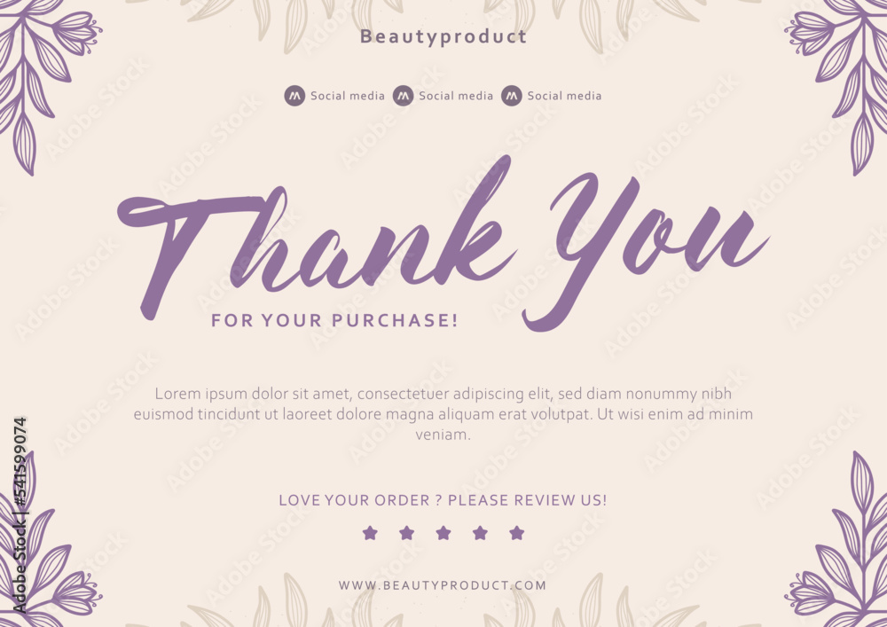 Naklejka premium beauty purple thanks card with flower floral frame border decoration for business shop thank you greeting card