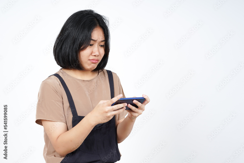 Playing Mobile Game on Smartphone of Beautiful Asian Woman Isolated On White Background Playing Mobile Game on Smartphone of Beautiful Asian Woman Isolated On White Background