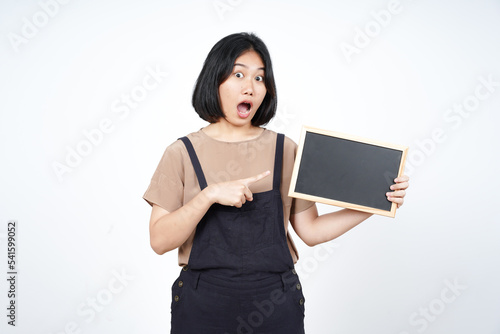 Showing, Presenting and holding Blank Blackboard of Beautiful Asian Woman Isolated On White