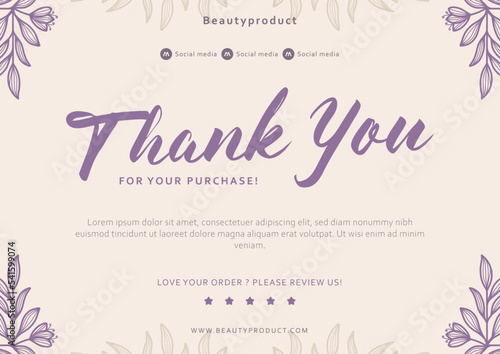 beauty purple thanks card with flower floral frame border decoration for business shop thank you greeting card