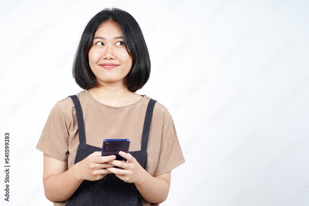 Holding or Using Smartphone and Smile of Beautiful Asian Woman Isolated On White Background Holding or Using Smartphone and Smile of Beautiful Asian Woman Isolated On White Background