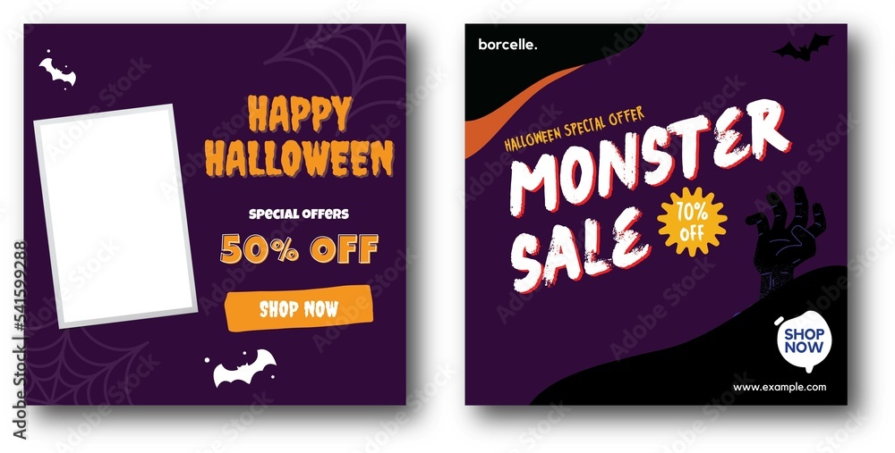 Set of Editable square halloween banners. Post template halloween theme, with photo collage. Perfect for social media post and web internet ads.
