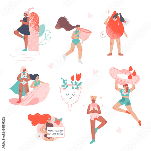 Period or Menstruation with Female and Menstrual Hygiene Accessory Vector Set