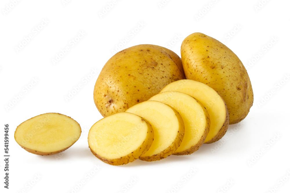 Fresh potatoes with slices isolated on white background