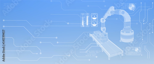 Industrial Robotic arm diagram on blue background, web banner, technology and industrial concept