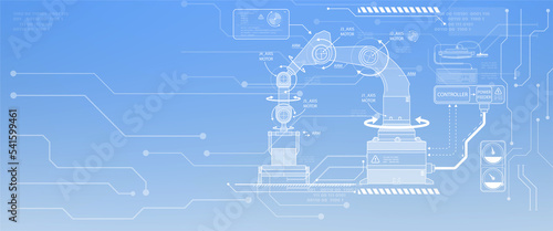 Industrial Robotic arm diagram on blue background, web banner, technology and industrial concept