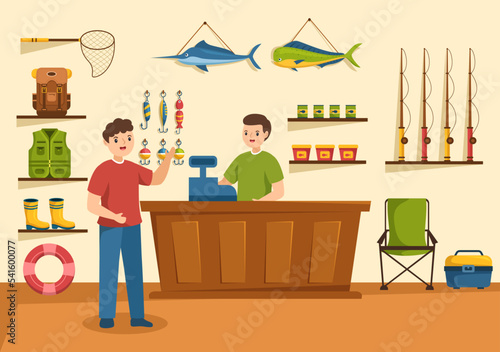 Fishing Shop Selling Various Fishery Equipment, Bait, Fish Catching Accessories or Items on Flat Cartoon Hand Drawn Templates Illustration
