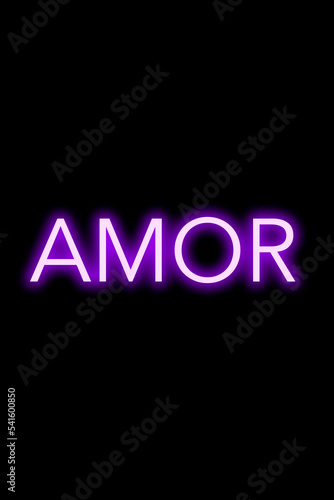 High-quality illustration. Purple neon sign on an isolated dark background with the phrase Amor in Spanish media on it. Bright sign for designs or graphic resources.