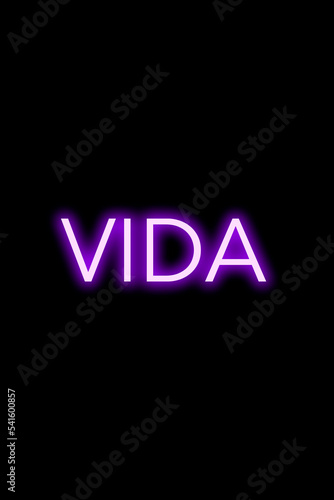 High-quality illustration. Purple neon sign on an isolated dark background with the phrase Vida in Spanish media on it. Bright sign for designs or graphic resources.