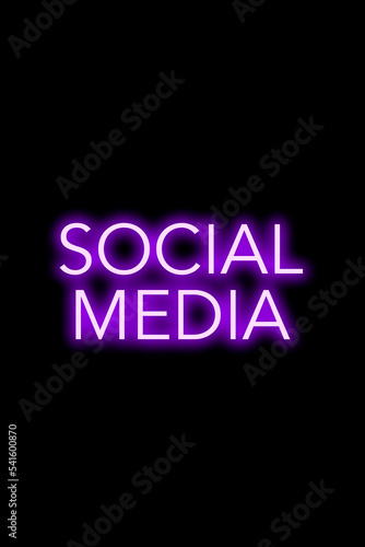 High-quality illustration. Purple neon sign on an isolated dark background with the phrase social media on it. Bright sign for designs or graphic resources.
