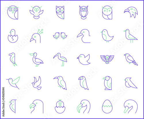 Simple Set of bird Related Vector Line Icons. Vector collection of owl, sparrow, penguin goose and dove symbols or logo elements in thin outline.