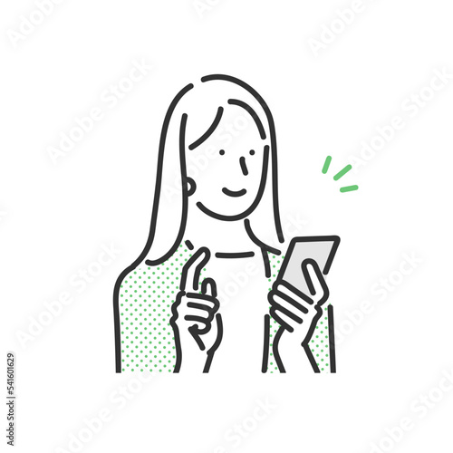 笑顔でスマホを操作している女性のビジネスパーソンのイラスト素材
